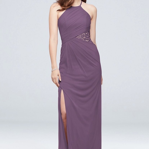 High-Neck Mesh Bridesmaid Dress with Lace Inset - Picture 1 of 11